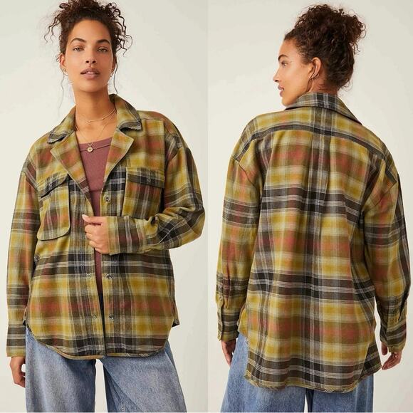 Free People Grunge 90s Flannel Plaid Izzie Cargo Shirt Jacket Shacket Medium - Picture 7 of 15